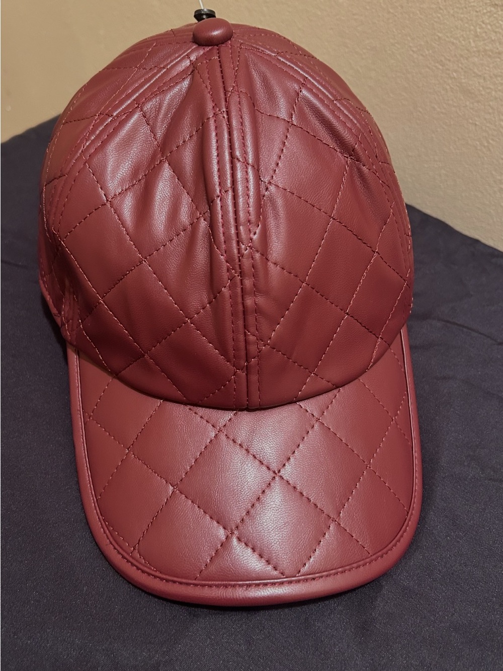 Quilted Faux Leather Baseball Cap - Burgundy